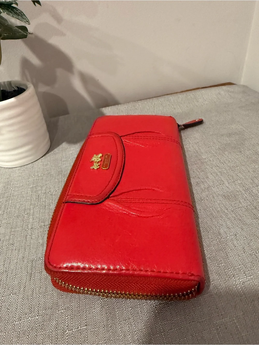 Coach Red Zip-Around Leather Wallet with Gold Hardware